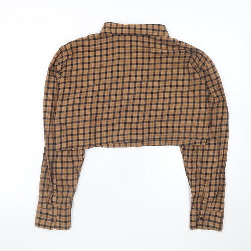 H&M Divided Women Brown Check Cropped Cotton Button-Up Shirt Size 12