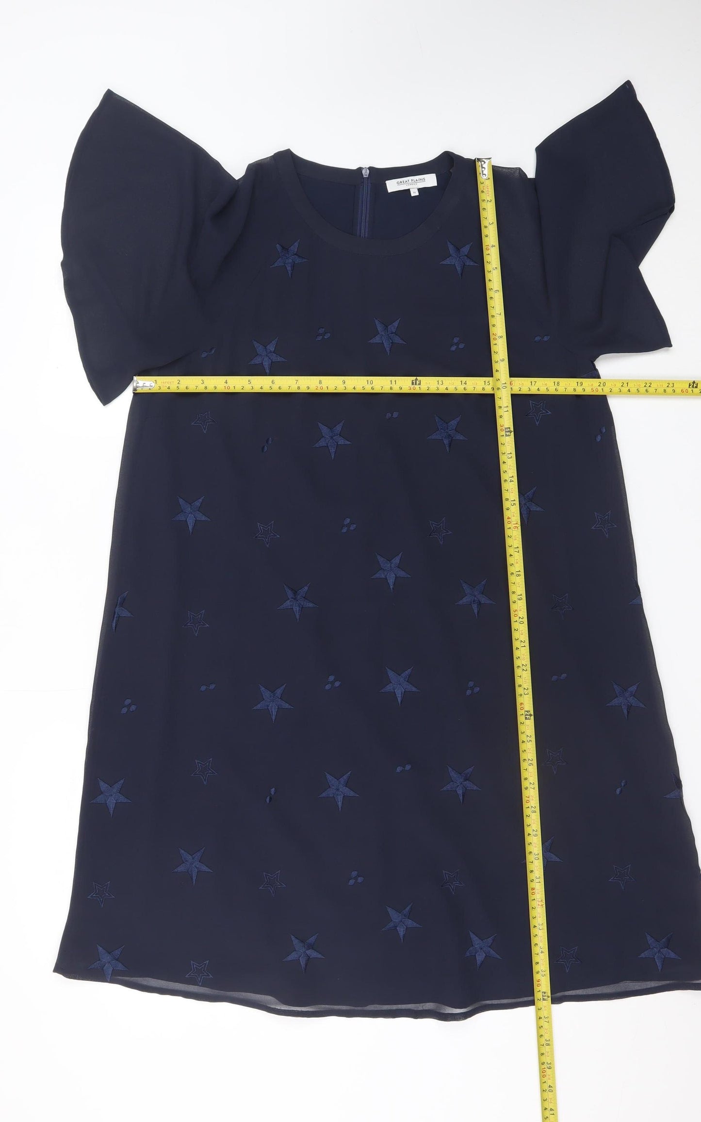 Great Plains Women’s Blue Shift Dress M Embroidered Stars Short Sleeve