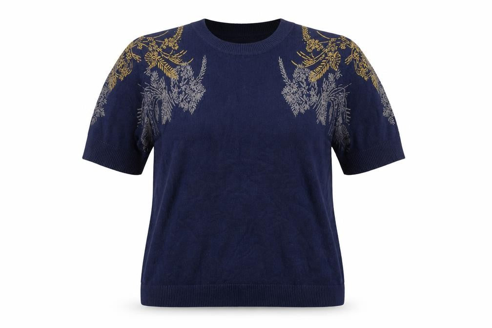 Front view of Next Women's Navy Blue Floral Short Sleeve Jumper, size 16