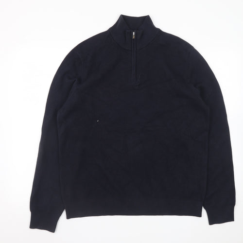 Marks and Spencer Men's Blue Cotton Half Zip Jumper L Regular
