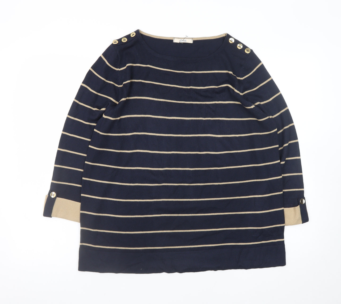 Marks and Spencer Women’s Blue Striped Button Boat Neck Jumper Size 18