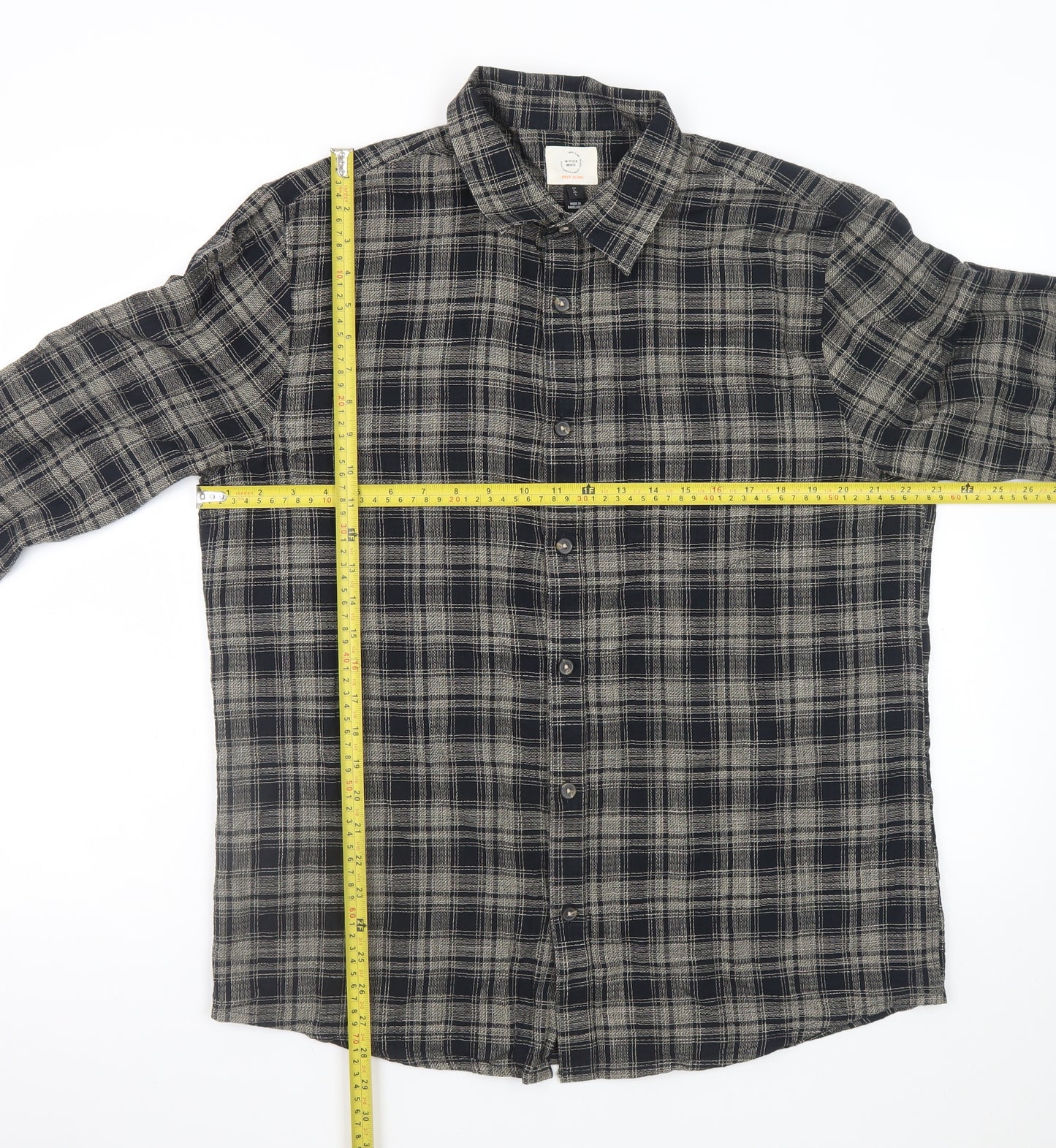 River Island Men's Grey Check Flannel Button-Up Shirt Size L
