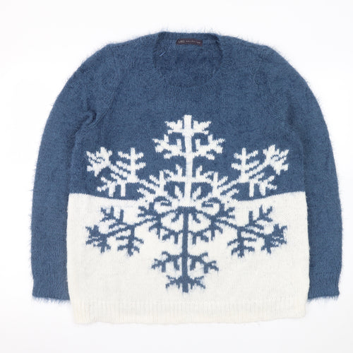Marks and Spencer Women Blue Size 16 Crew Neck Snowflake Winter Jumper