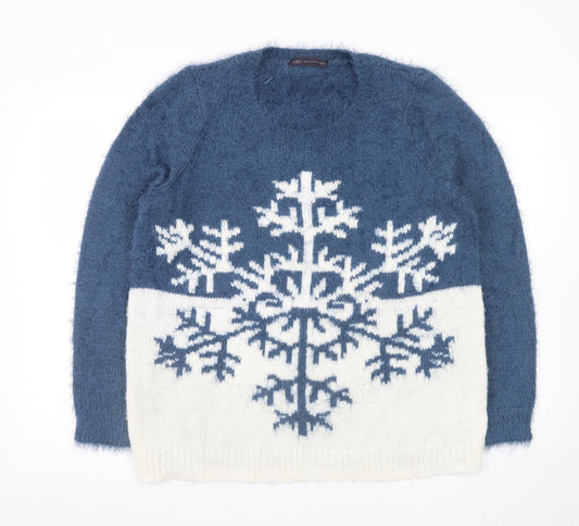 Marks and Spencer Women Blue Size 16 Crew Neck Snowflake Winter Jumper