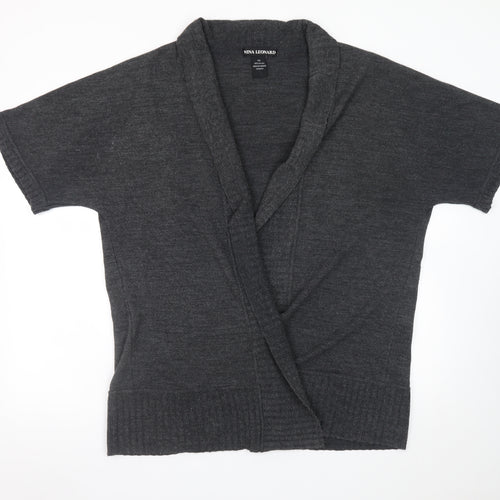 Nina Leonard Women Grey 2XL Short Sleeve Knit Cardigan