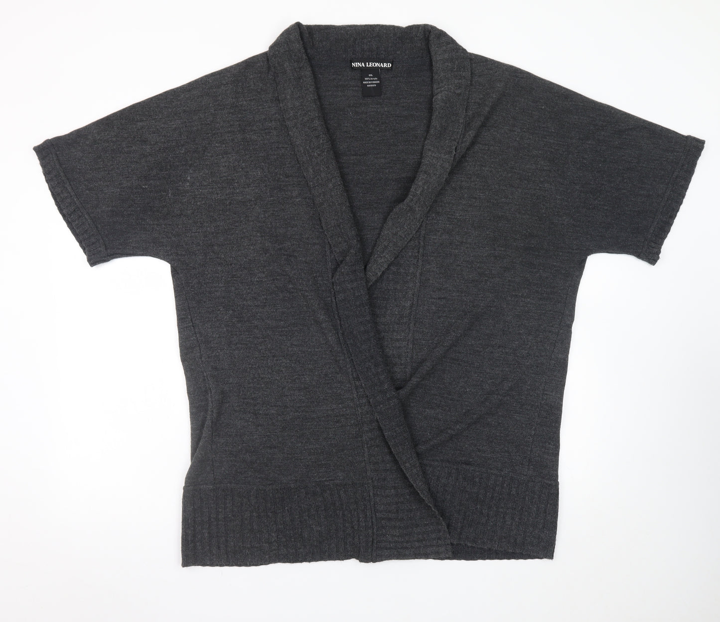 Nina Leonard Women Grey 2XL Short Sleeve Knit Cardigan