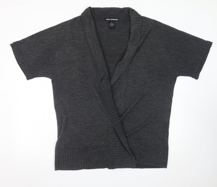 Nina Leonard Women Grey 2XL Short Sleeve Knit Cardigan