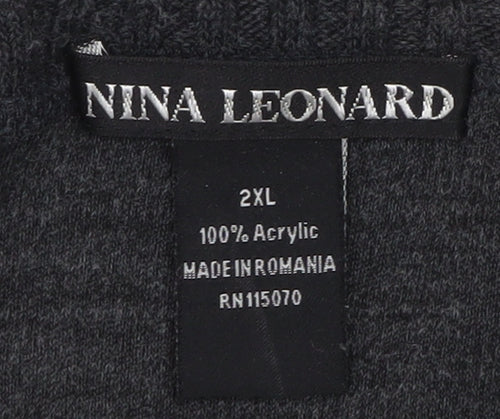 Nina Leonard Women Grey 2XL Short Sleeve Knit Cardigan