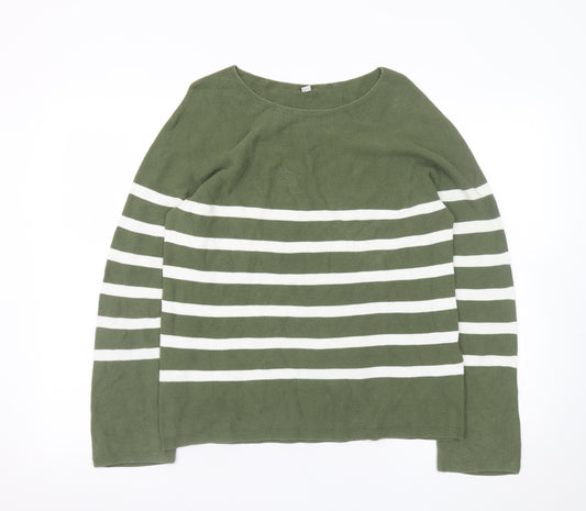 Uniqlo Women Green Striped Cotton Boat Neck Jumper M