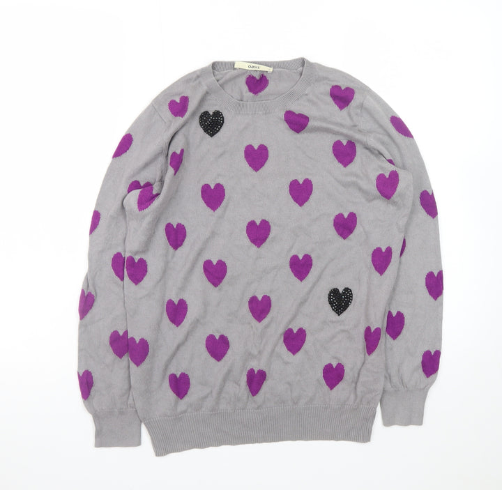 Oasis Women’s Grey Heart Print Pullover Jumper Size M