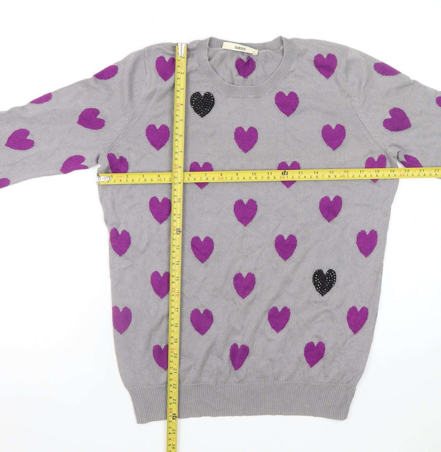 Oasis Women’s Grey Heart Print Pullover Jumper Size M