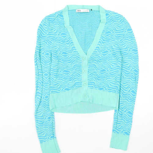 Zara Women’s Blue Animal Print V-Neck Button Cardigan Size S