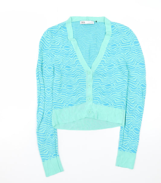 Zara Women’s Blue Animal Print V-Neck Button Cardigan Size S