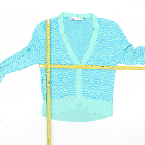 Zara Women’s Blue Animal Print V-Neck Button Cardigan Size S