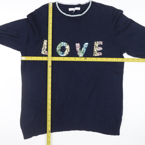 Next Women Navy Sequin LOVE Jumper Size 14 Acrylic Cotton Blend