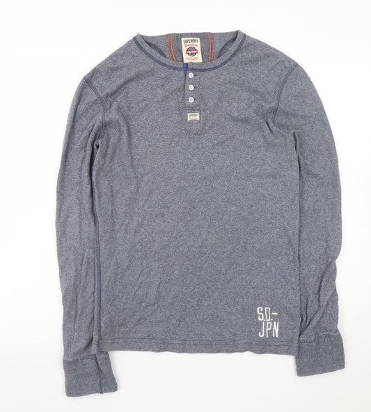 Superdry Men’s Blue Long Sleeve Henley Cotton T-Shirt Size L