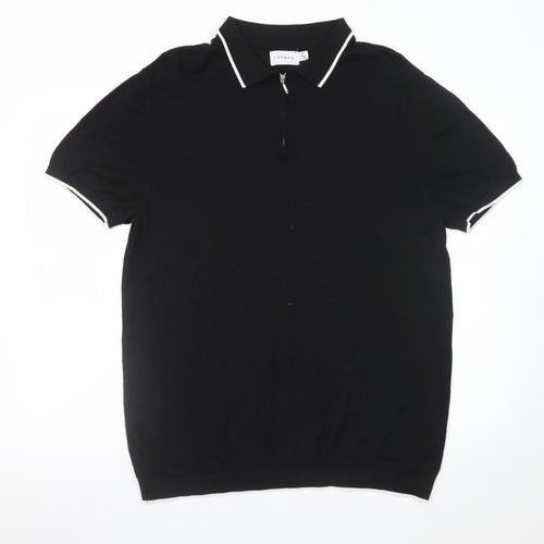 Topman Men's Black Collared Half Zip Short Sleeve Cotton T-Shirt XL
