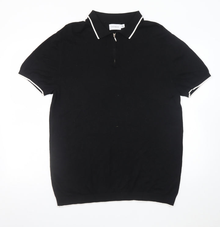 Topman Men's Black Collared Half Zip Short Sleeve Cotton T-Shirt XL