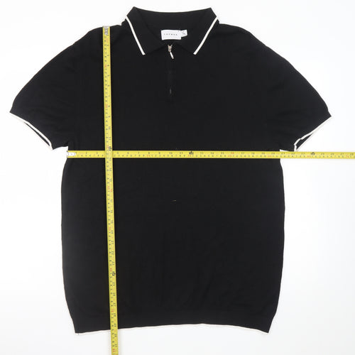 Topman Men's Black Collared Half Zip Short Sleeve Cotton T-Shirt XL
