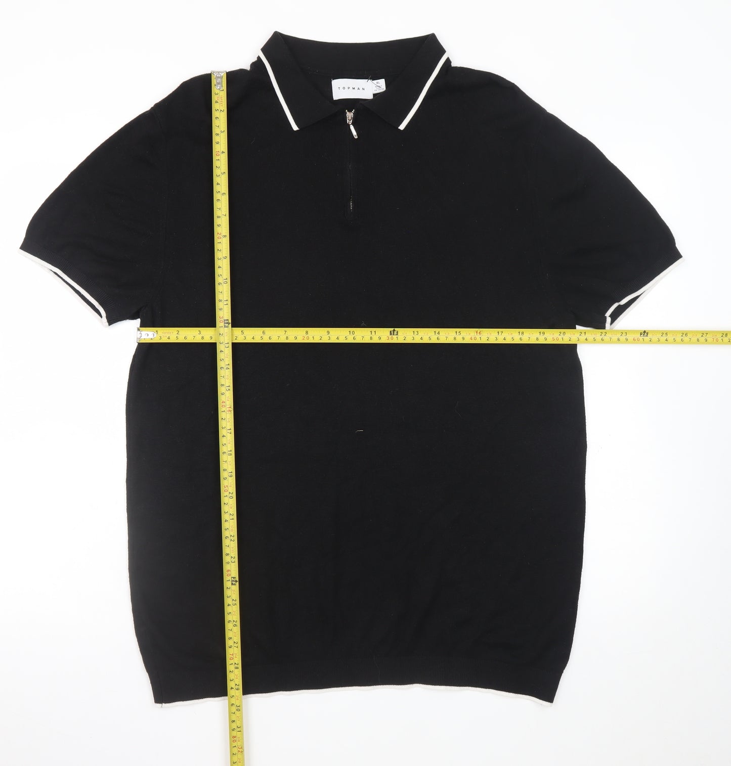 Topman Men's Black Collared Half Zip Short Sleeve Cotton T-Shirt XL