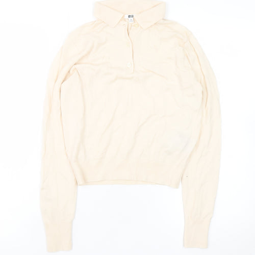 Uniqlo Women Beige Wool Collared Henley Jumper XS