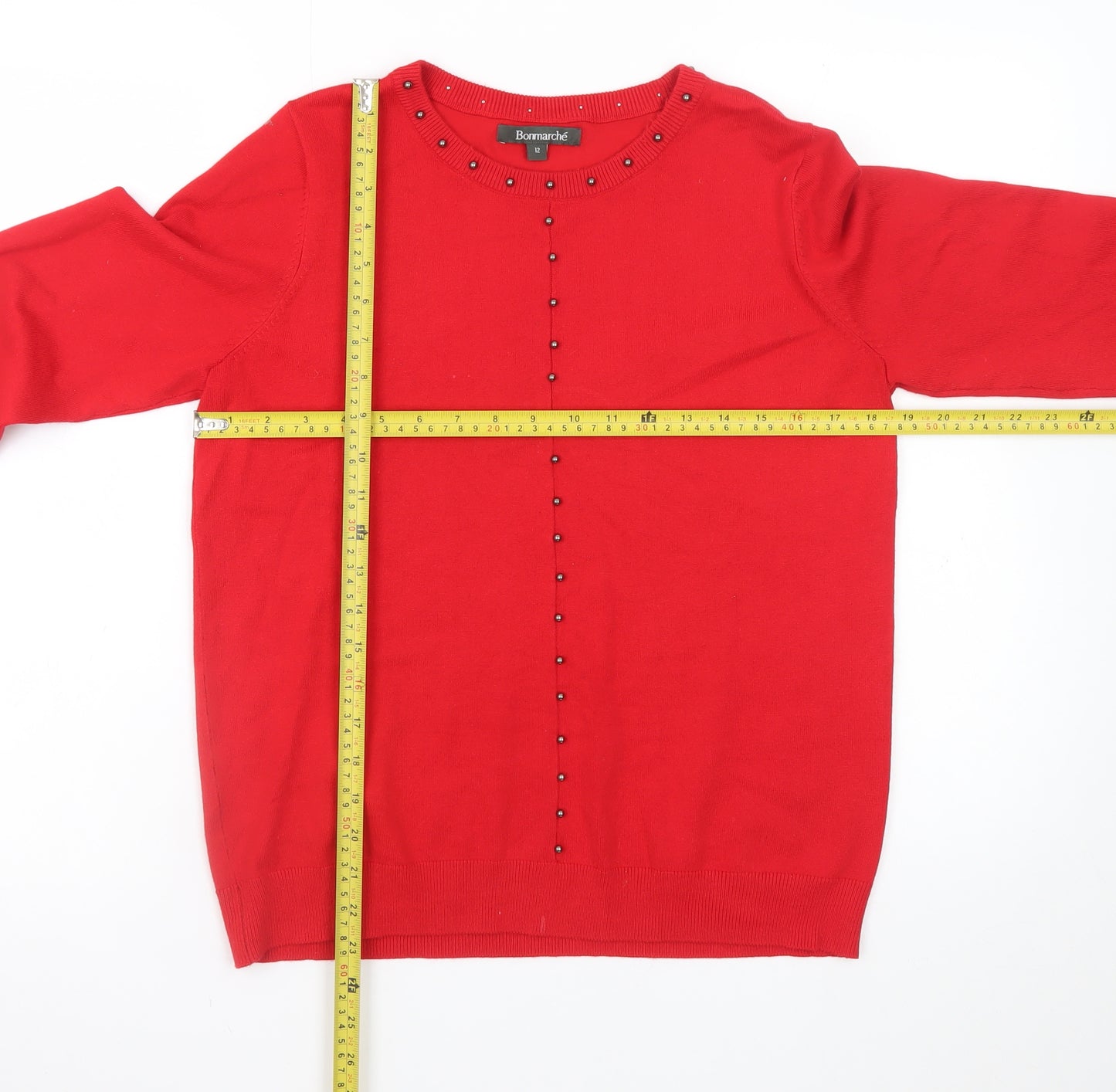 Bonmarché Women’s Red Beaded Crew Neck Long Sleeve Jumper Size 12