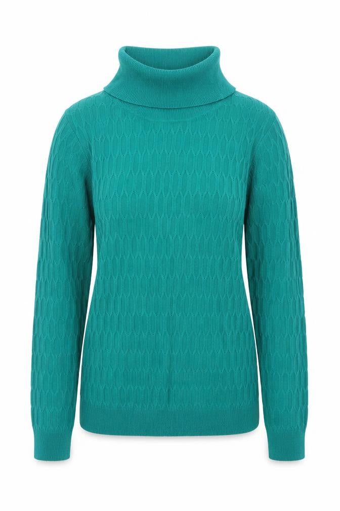 Front view of ISLE Essentials Women’s Green Roll Neck Cable-Knit Jumper, size S
