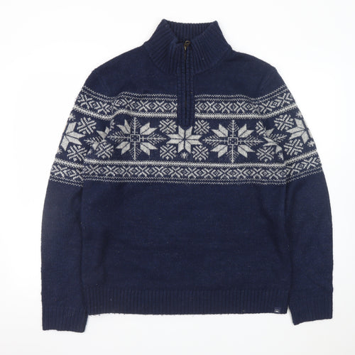 Fat Face Men's Blue Fair Isle 1/2 Zip High Neck Wool Jumper Size M