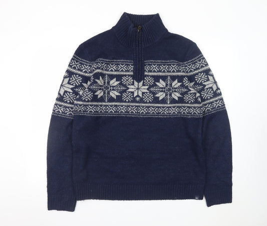 Fat Face Men's Blue Fair Isle 1/2 Zip High Neck Wool Jumper Size M