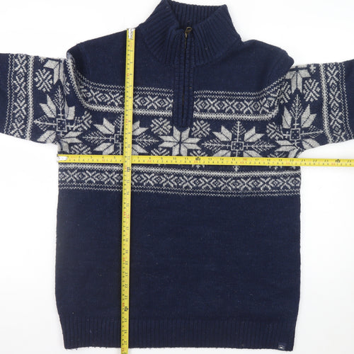 Fat Face Men's Blue Fair Isle 1/2 Zip High Neck Wool Jumper Size M