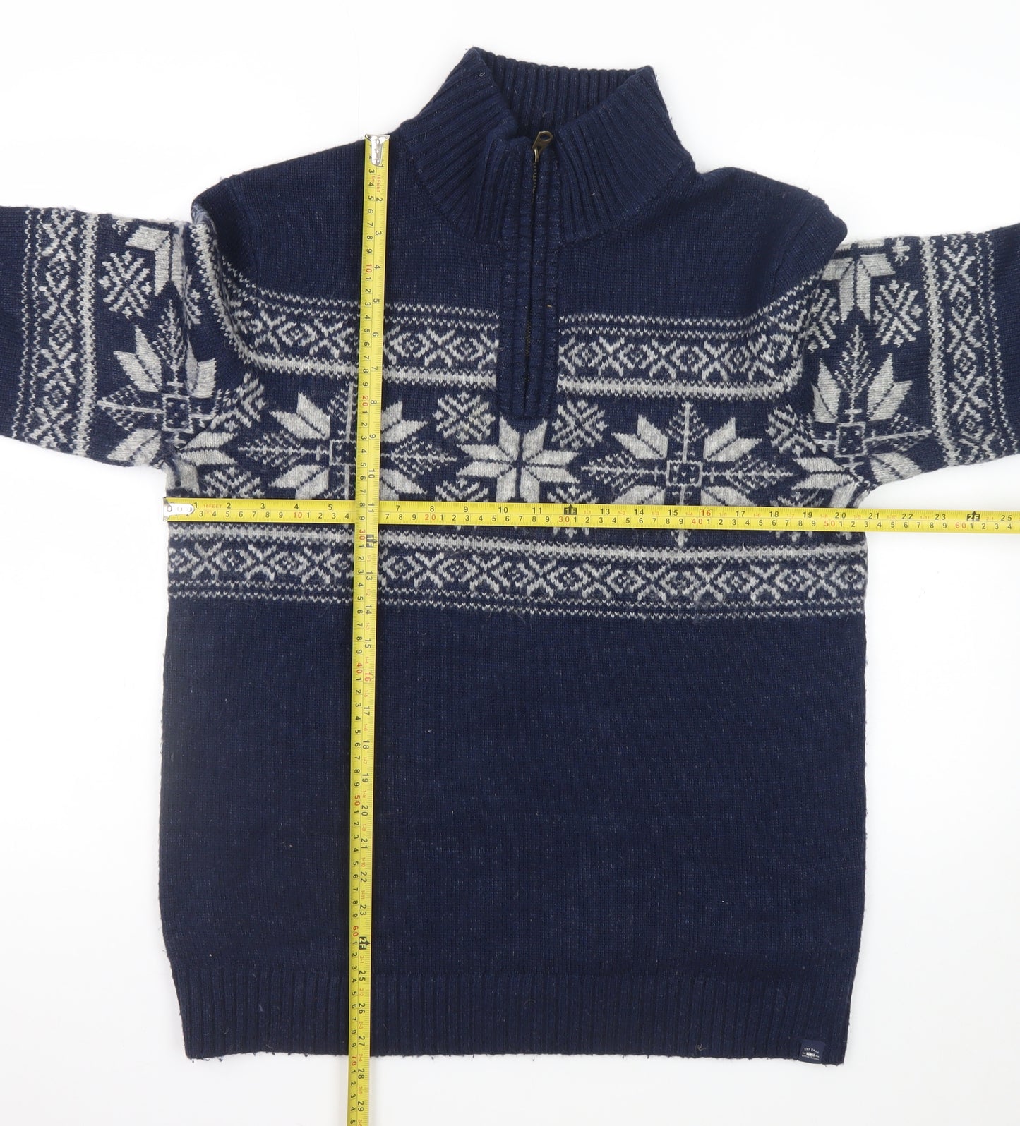 Fat Face Men's Blue Fair Isle 1/2 Zip High Neck Wool Jumper Size M