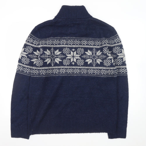 Fat Face Men's Blue Fair Isle 1/2 Zip High Neck Wool Jumper Size M