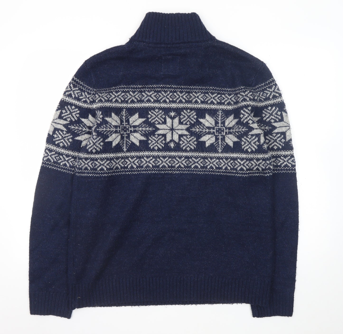 Fat Face Men's Blue Fair Isle 1/2 Zip High Neck Wool Jumper Size M