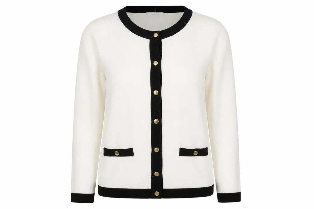 Front view of Precis Women White Black Trim Cardigan Small Viscose Blend