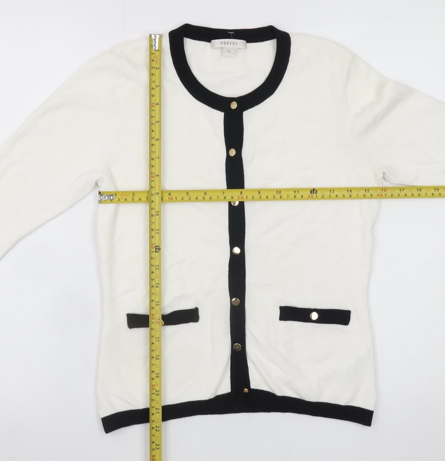 Precis Women White Black Trim Cardigan Small Viscose Blend