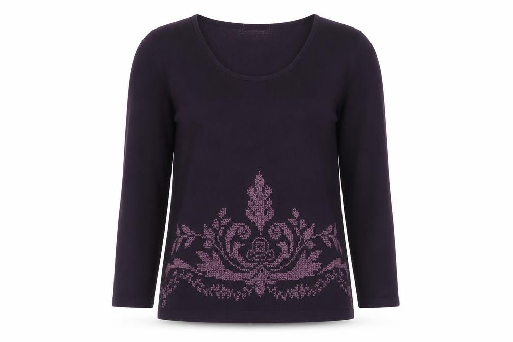 Front view of Minuet women’s purple floral scoop neck jumper, size UK 8