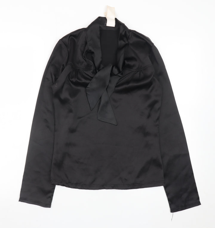 Morgan Women’s Black Satin Bow Neck Long Sleeve Blouse Size 8