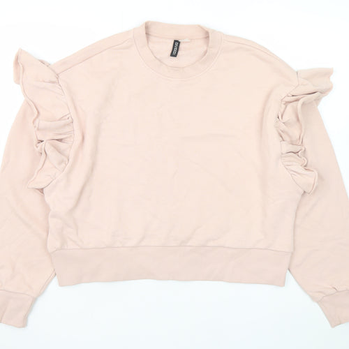 H&M Women Beige Ruffle Long Sleeve Pullover Sweatshirt XL
