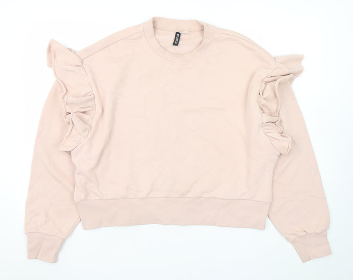 H&M Women Beige Ruffle Long Sleeve Pullover Sweatshirt XL