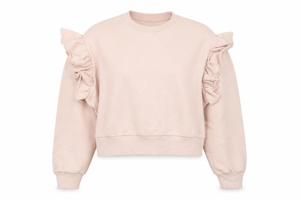 Front view of H&M Women Beige Ruffle Long Sleeve Pullover Sweatshirt XL