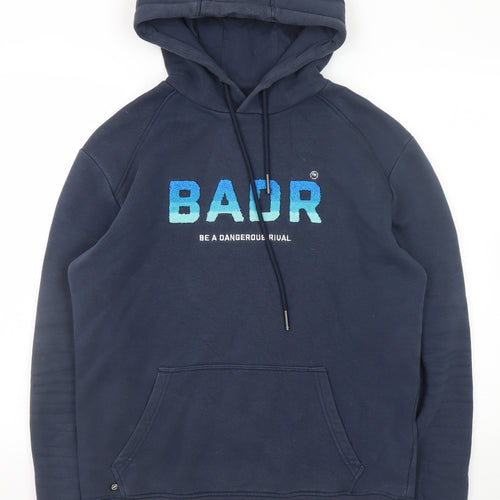 BADR Men Blue Pullover Hoodie L Graphic Print Hooded Sweatshirt