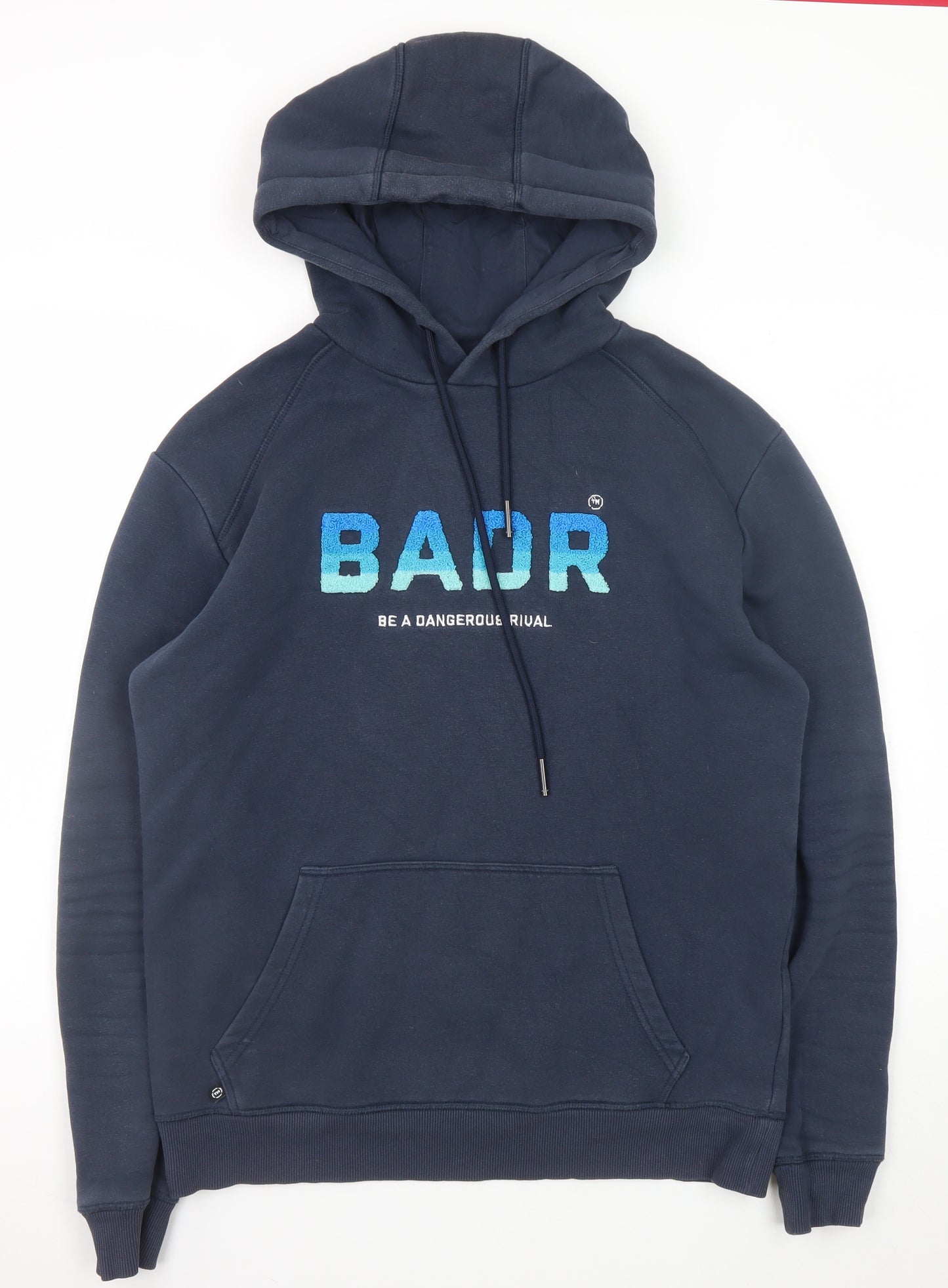 BADR Men Blue Pullover Hoodie L Graphic Print Hooded Sweatshirt