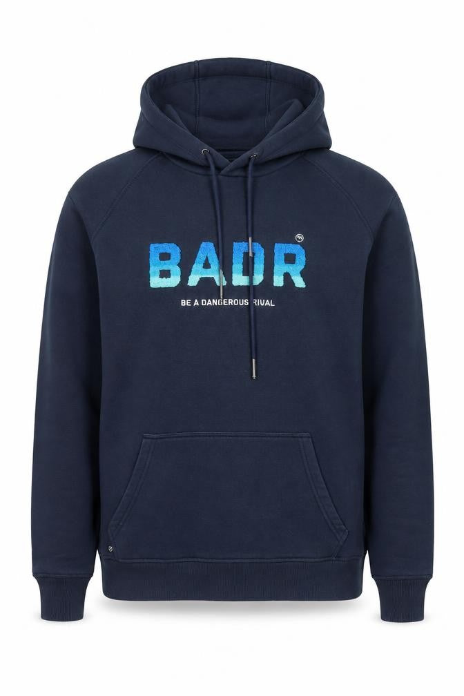 Front view of BADR Men Blue Pullover Hoodie L Graphic Print Hooded Sweatshirt
