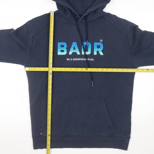 BADR Men Blue Pullover Hoodie L Graphic Print Hooded Sweatshirt