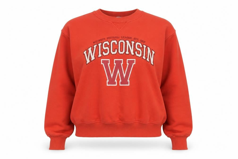 Front view of H&M women’s red wisconsin pullover sweatshirt xs cotton blend
