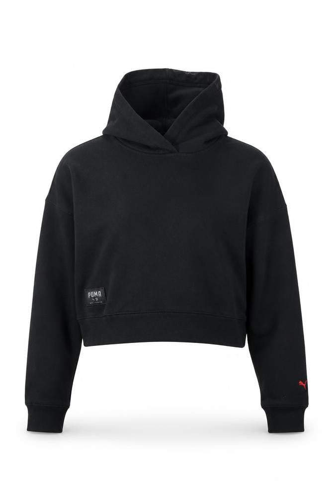 Front view of Puma Women's Black Cropped Pullover Hoodie, size M