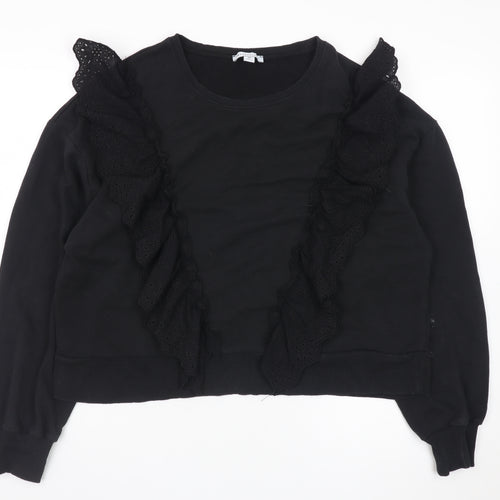 Warehouse Women Black Ruffle Long Sleeve Pullover Sweatshirt Size M