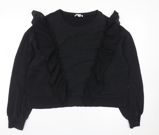 Warehouse Women Black Ruffle Long Sleeve Pullover Sweatshirt Size M