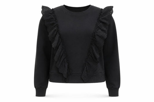 Front view of Warehouse Women Black Ruffle Long Sleeve Pullover Sweatshirt, size M
