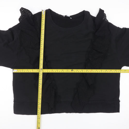 Warehouse Women Black Ruffle Long Sleeve Pullover Sweatshirt Size M